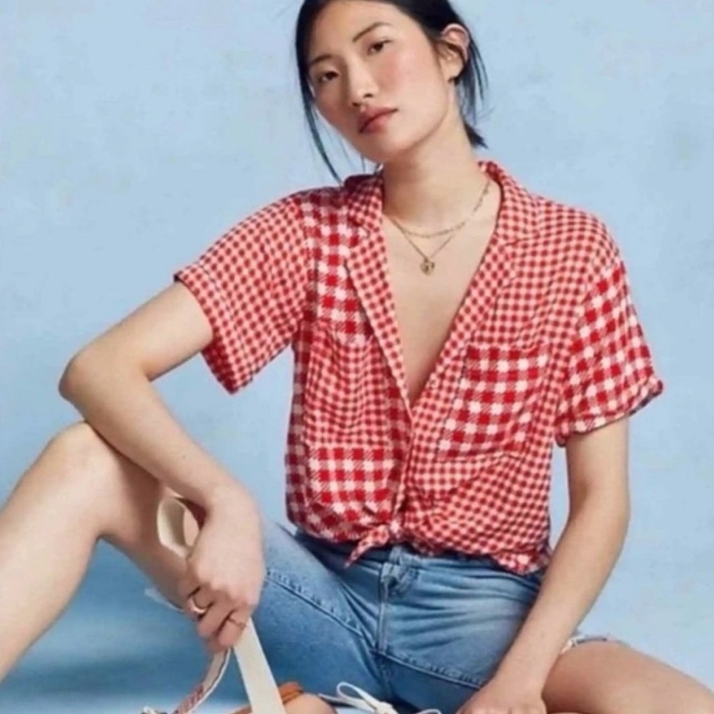 Anthropologie | Maeve | Bon Voyage Red Check Houndstooth Button Shirt | Sz XS